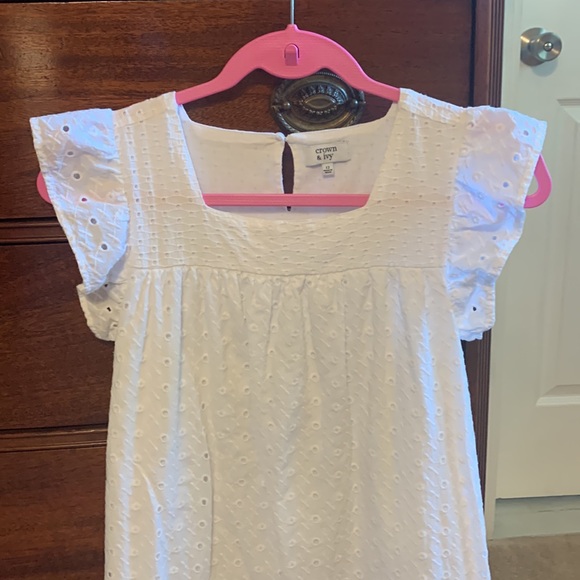Crown and Ivy White Girls Size 12 Lace Eyelet Shift Dress Flutter Sleeve - Picture 3 of 9